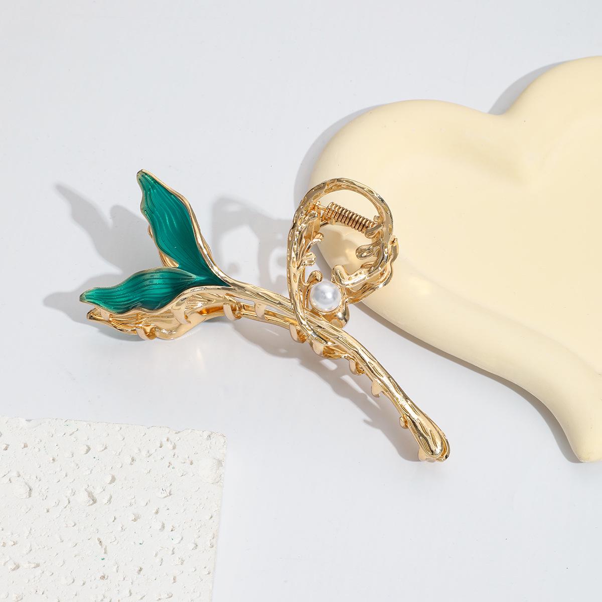Large Blue Pearl Fishtail Claw Hair Clip for Women - Chic High-End Accessory for Thick Hair