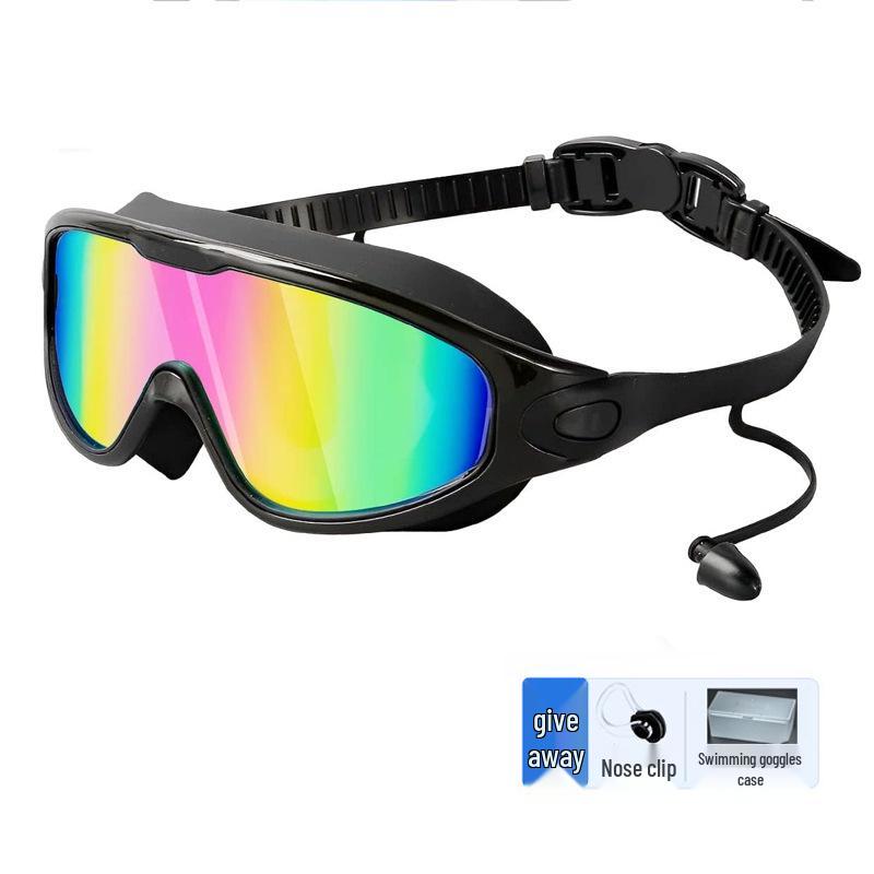 Large Frame Plated Waterproof Anti-Fog Swimming Goggles with One-Piece Earplugs for Men and Women