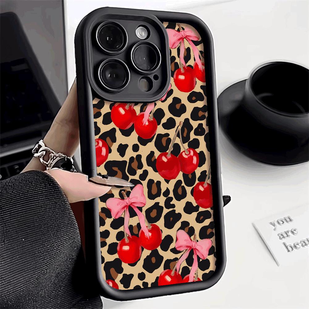 Cherries Pink Bows On Leopard Print Shockproof Phone Case for Xiaomi Redmi Note 14 13 12 11 10 9 8 Pro Anti-Slip Soft TPU Cover