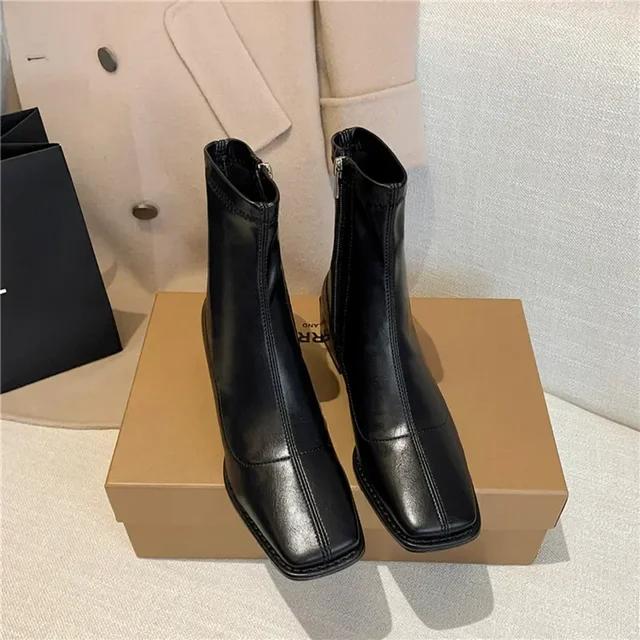 

2024 New Square Toe Ankle Women Boot High Quality Soft Leather Short Boot Zipper Low Heel Shoes 34 чорний