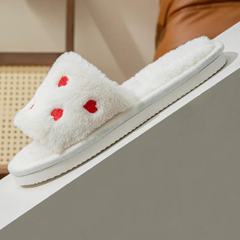 Winter Women Heart Slippers for Home Fur Furry House Slides Men Indoor Floor Soft Sandals Couples Comfortable Cute Flip Flops