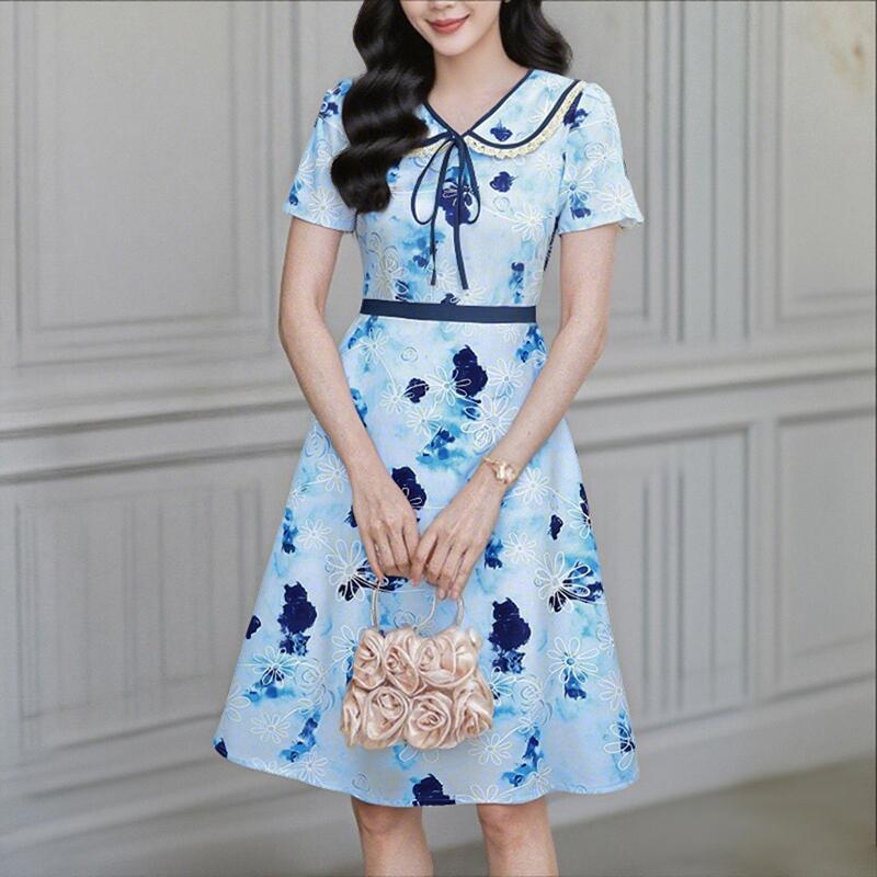 

ZANZEA Женское летнее повседневное платье с принтом и короткими рукавами, отложным воротником 5XL синий