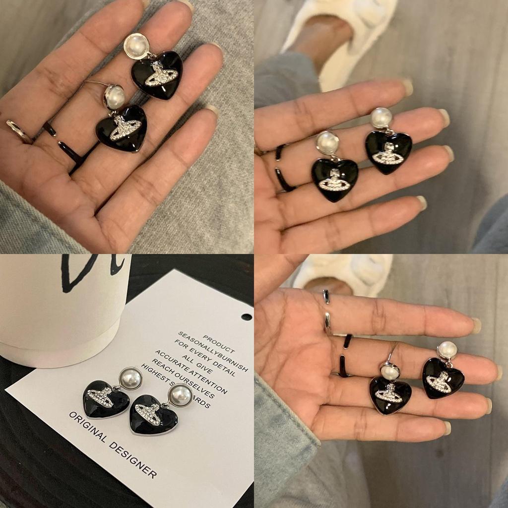 Schwarze herzförmige Strass-Saturn-Ohrringe Einzigartiges Design High-End-Stil