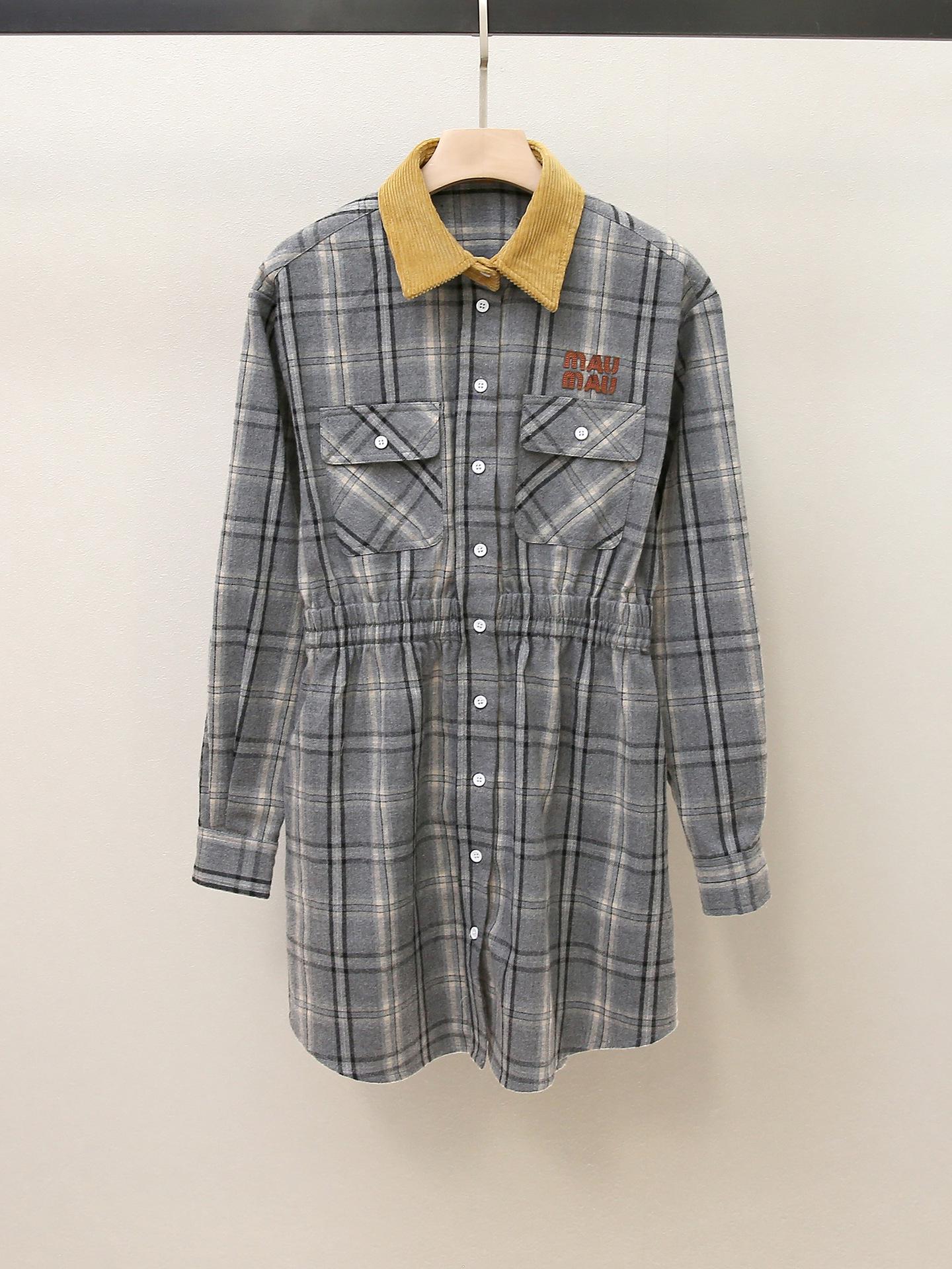 Retro Corduroy Plaid Shirt Dress with Lapel and Waist-Cinch for Autumn/Winter S серый