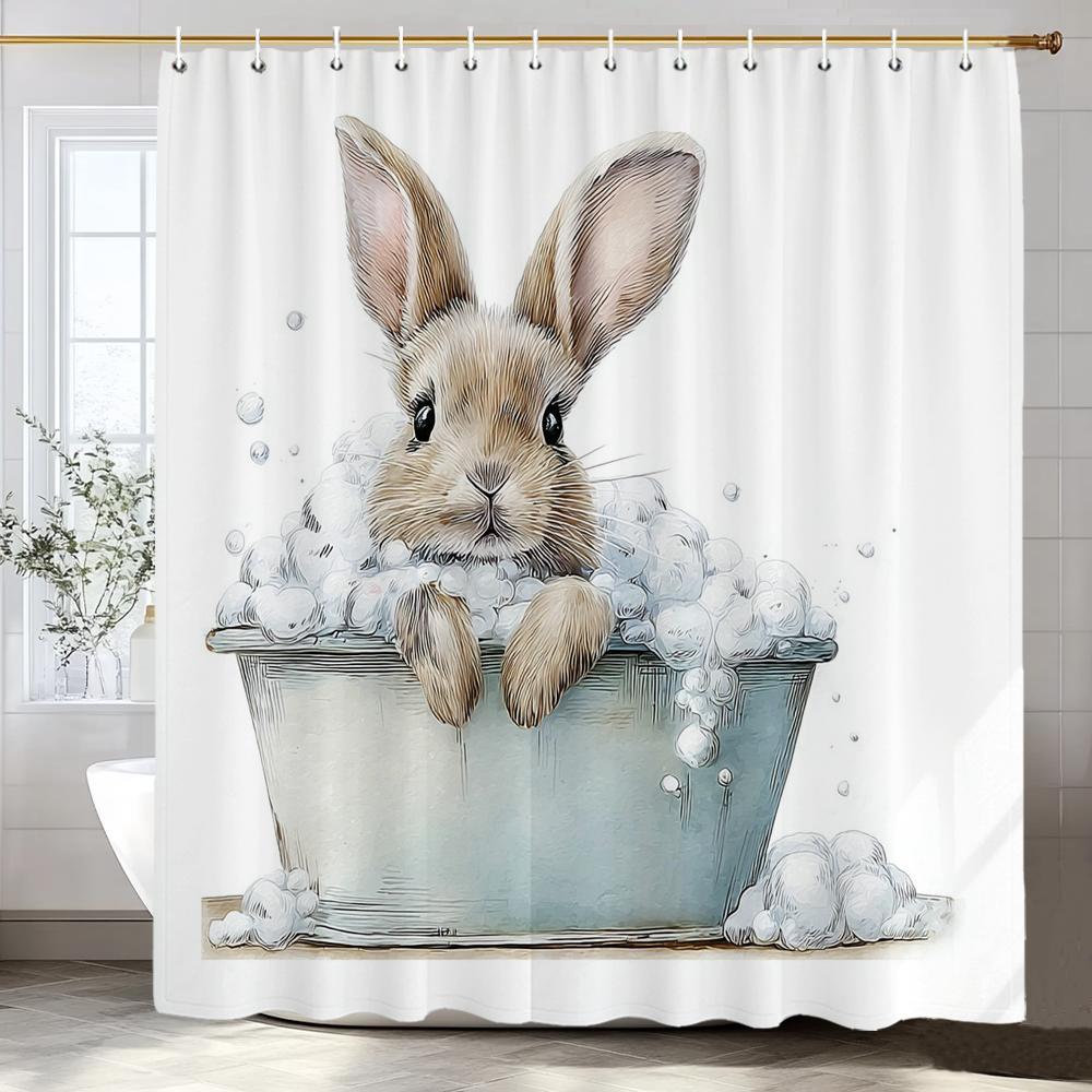 1pc Cartoon Cute Rabbit Bathing in Bathtub Print Waterproof Shower Partition Privacy Hanging Curtain with Hooks Machine Washable