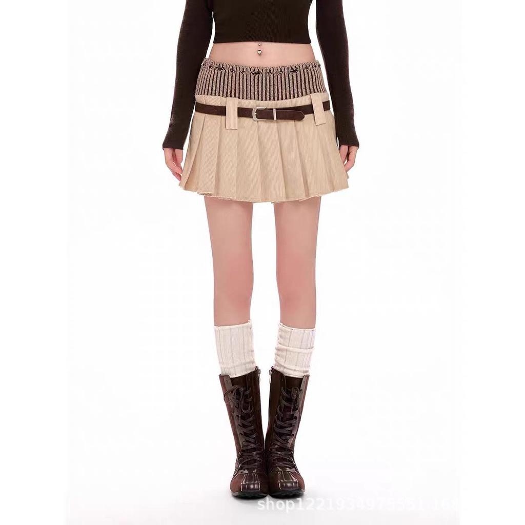 2025 Autumn High Waist Pleated Knit-Corduroy Skirt with Belt