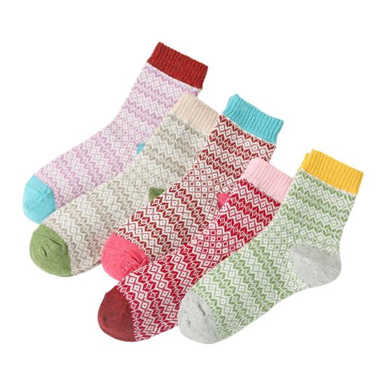 5 par Vintervarme mannskapssokker for kvinner Tykke midt-legg strikkesokker Retro etnisk stil sokker til julegaver