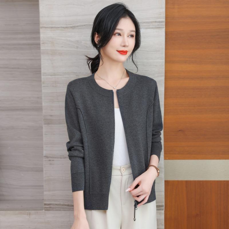Spring new baseball jersey zipper top loose thin sweater crew neck knitted cardigan women's coat