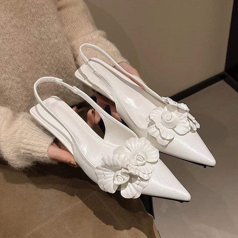 Fashion 2025Sexy Flower Pointed Toe Thin Low Heels Women Pumps Elegant Wedding Slingback Shoes Mules Zapatos De Mujer