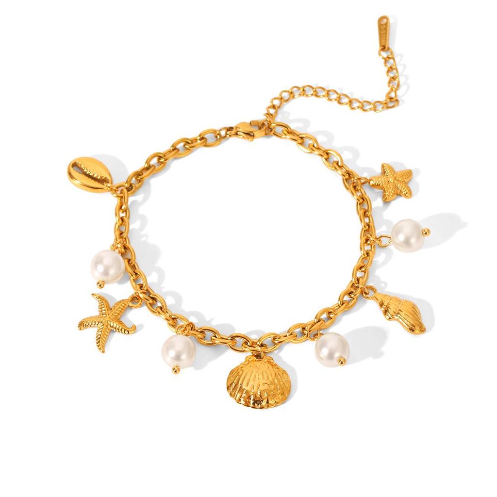18k Gold Starfish Seashell Pearl Bracelet - Women's Versatile Seaside Vacation Accessory