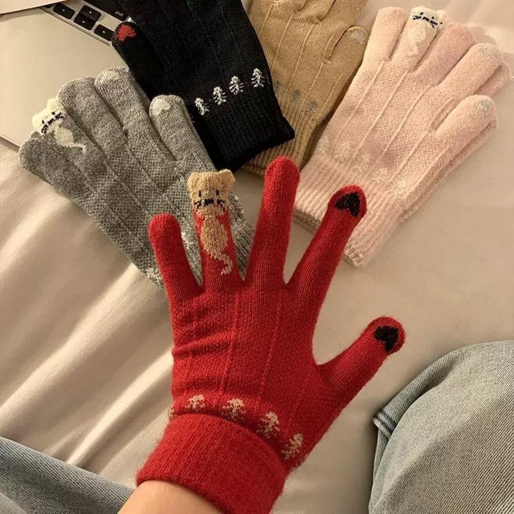 Kitty Pattern Winter Thermal Gloves Stretchy Full Finger Gloves  Outdoor