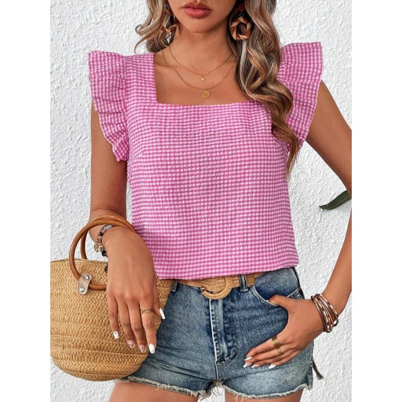 Top camicetta estiva da donna a maniche corte, nuovo, a quadri, con scollo quadrato e volant, casual