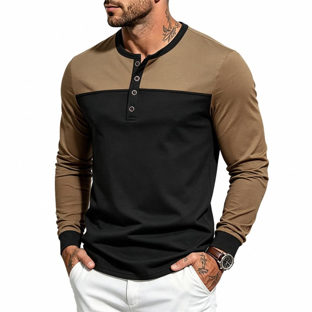 Men's Loose Fit Long Sleeve Shirt with Color Block Button Placket Casual Commute Top