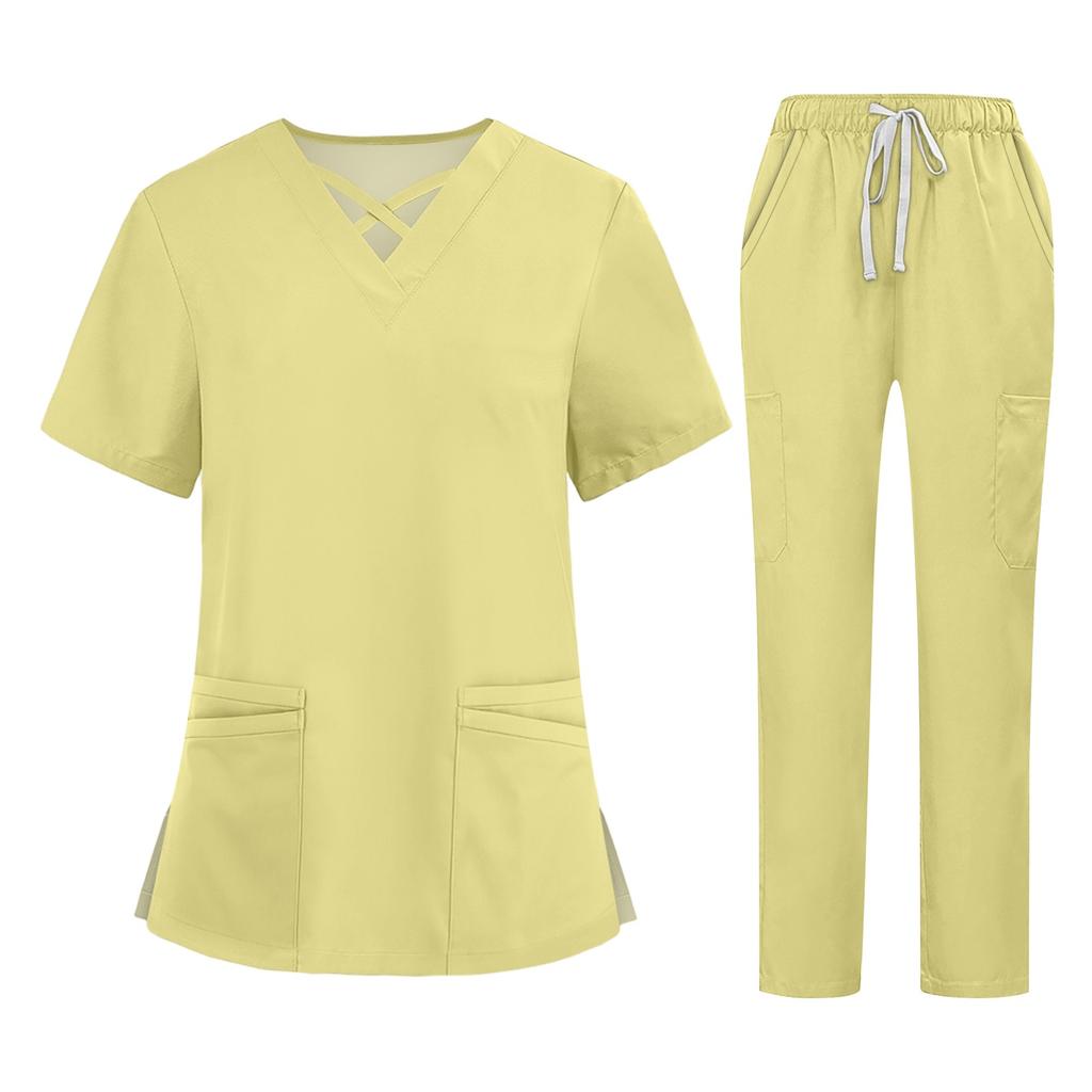 Soild Scrub Working Uniform Suit For Women's Cross V-Neck Short Sleeve Fun T-Shirts Workwear Tee With Pockets