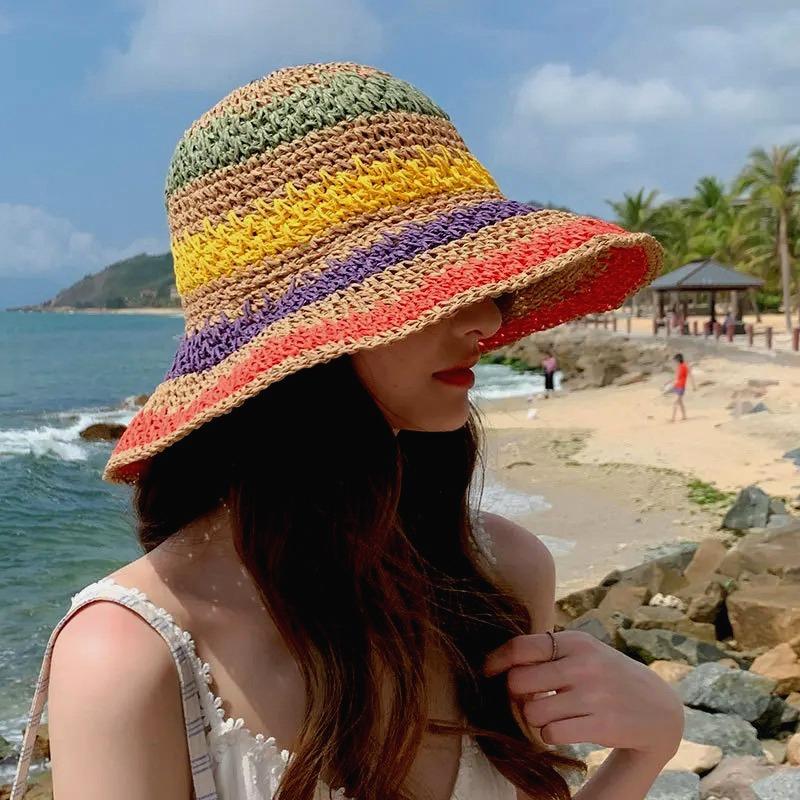 Regenbogen Strohhut Damen Sommer Sonnenschutz Handgehäkelt Großer Rand Eimerhut Damen Strand Sonnenhut Boho Dame Mädchen Mode Hüte