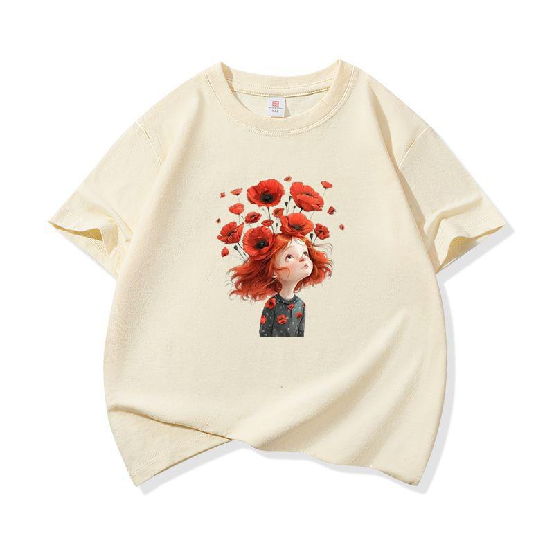 Kids Cotton T Shirt Red Flower Girl Print Crew Neck Short Sleeve Tee Casual Breathable Boys Girls Summer Tops