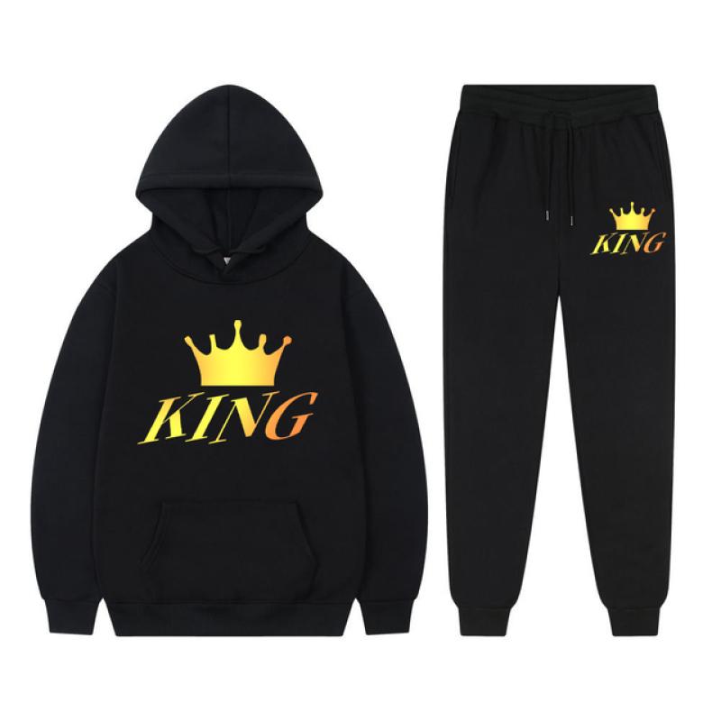 Long Sleeved Tracksuit QUEEN KING Print Lover Couple Outfits Fleece Hoodie Sweatpants Oversized Sweatshirt Pants Suit Men Clothe
