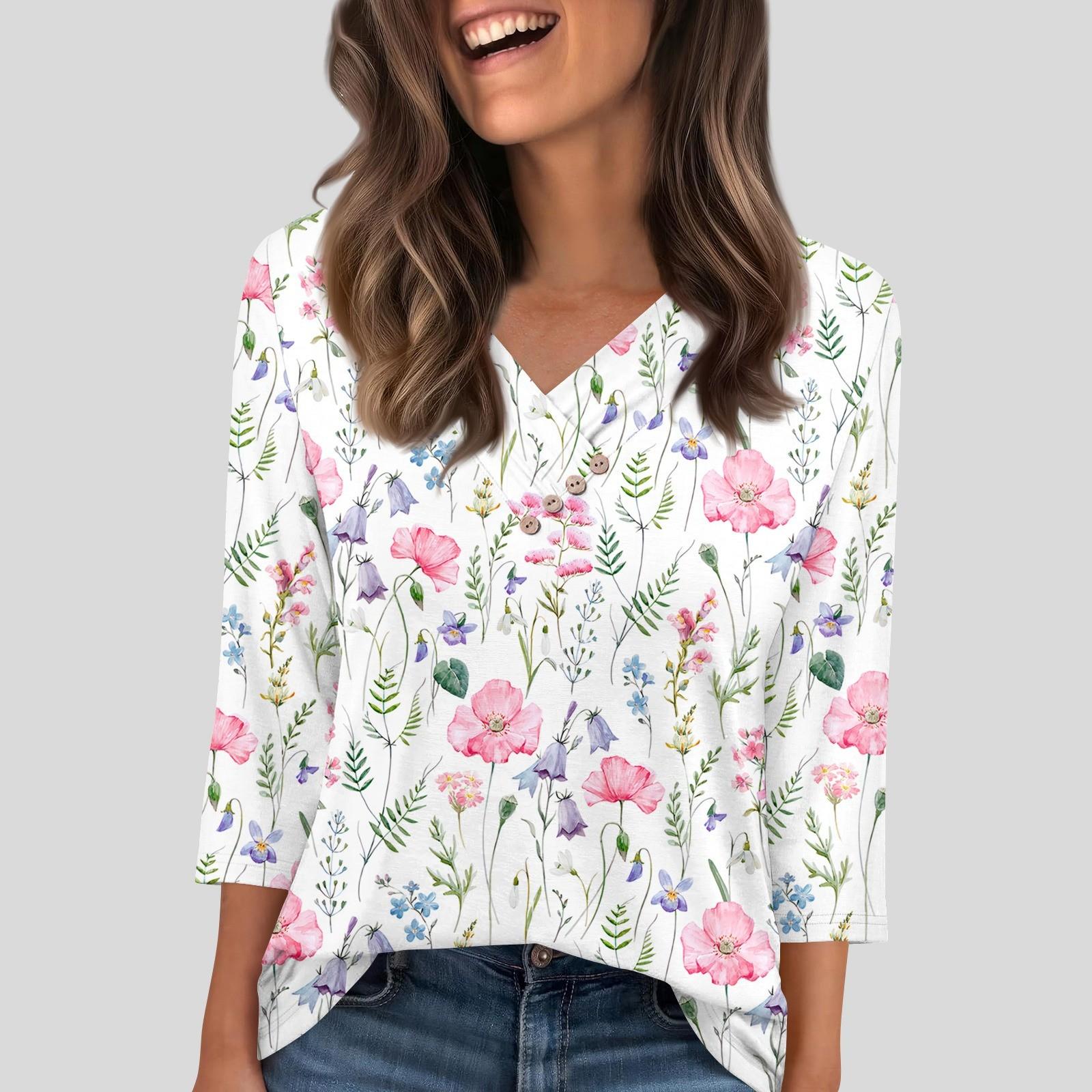 

Женская футболка, футболка, пуговица, рукав 3/4, туника, повседневная, для выходных, модная, базовая, с V-образным вырезом, обычный топ XL белый