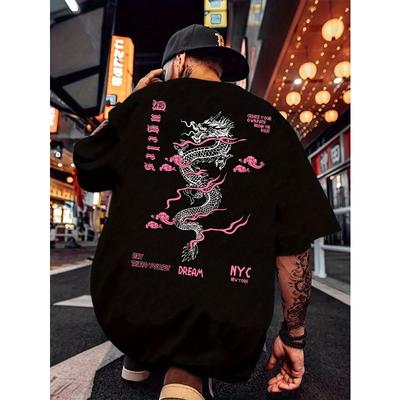 Men'S Pink Dragon Print Crew Neck T-Shirt, Comfortable Short Sleeves for Summer