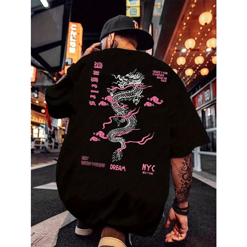 Men S Pink Dragon Print Crew Neck T-Shirt, Comfortable Short Sleeves for Summer S чёрный