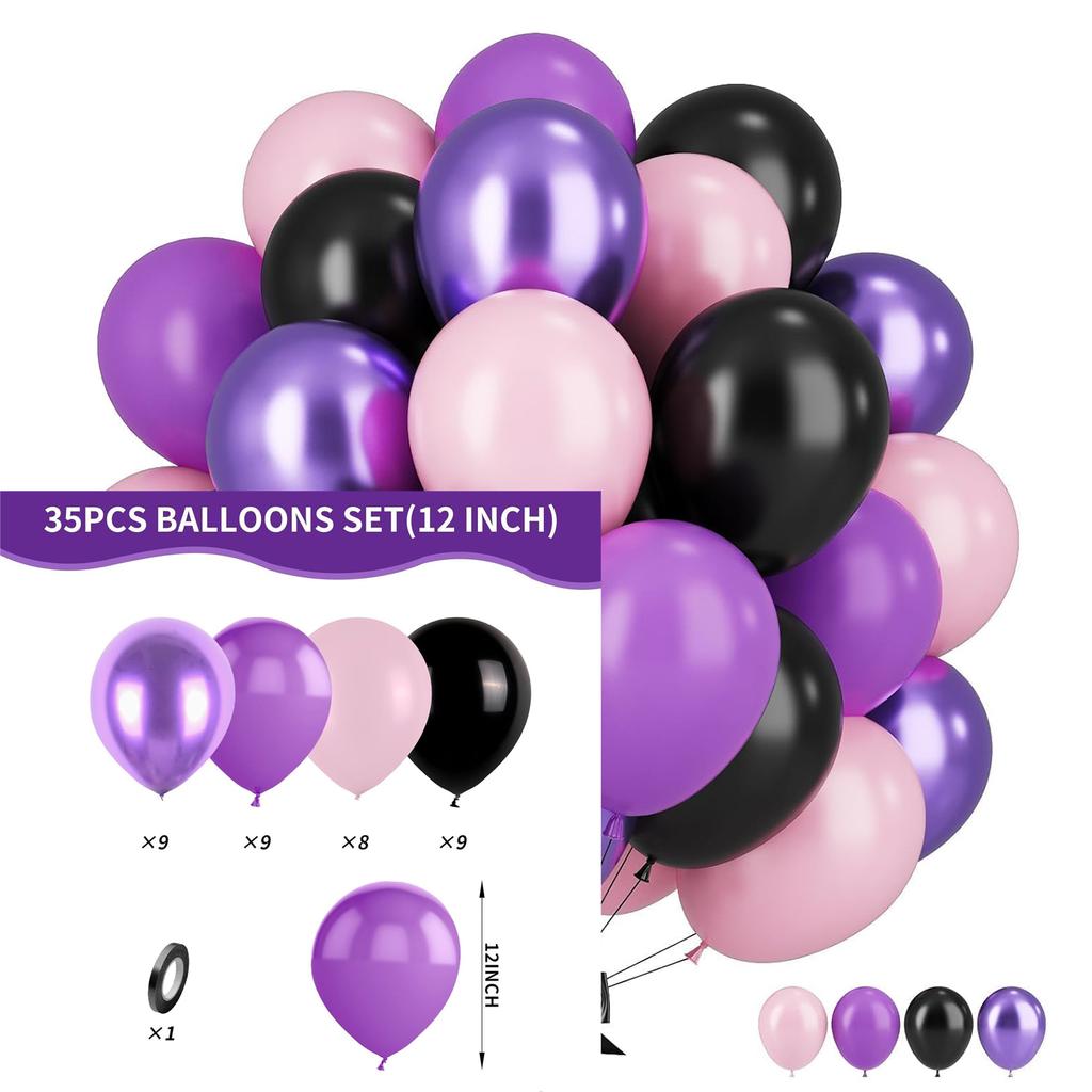 12inch 35pcs Purple Pink Green Balloon Set , Suitable for Weddings, Birthdays, Themed Parties, Bachelorette Parties