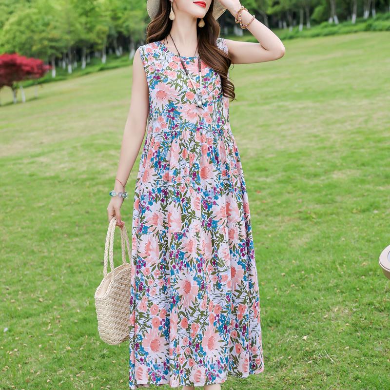 Elegant Sleeveless Dress for Women Plus Size Short Sleeve Vintage Print Long Dress Summer Casual Middle-aged Women's Clothing