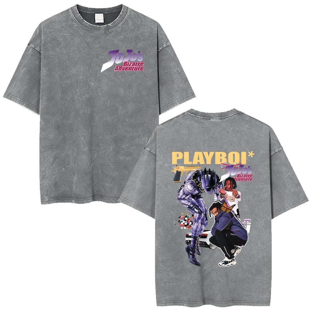 

Anime JoJo Bizarre Adventure STEEL BALL RUN Gyro Zeppeli Vintage Acid Washed T Shirt Men Cotton Casual Short Sleeves Tshirt S