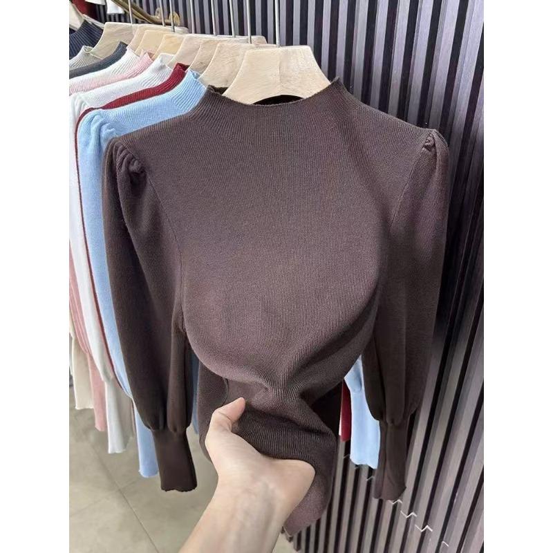 Semi-turtleneck Sweater Knitted Sweater Women's Autumn and Winter New Lantern Sleeve Bottoming Shirt Inner Top