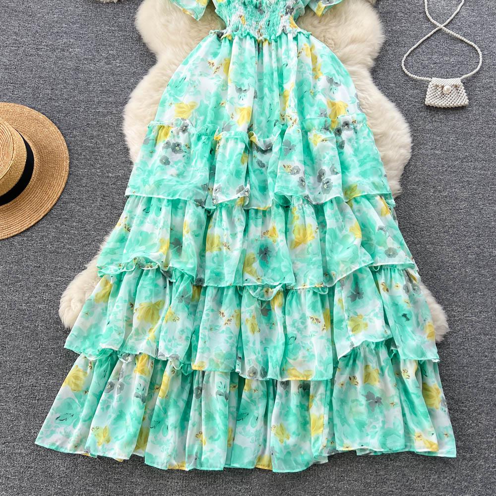 Summer French One Line Neck Fragmented Flower Dress Pleated Waist Wrapped High Grade Sweet Dress