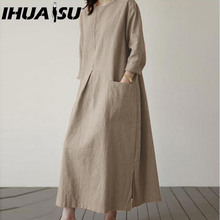 

IHUASU Женское повседневное хлопковое длинное платье с круглым вырезом и рукавами 3/4 XXXXXL слоновая кость