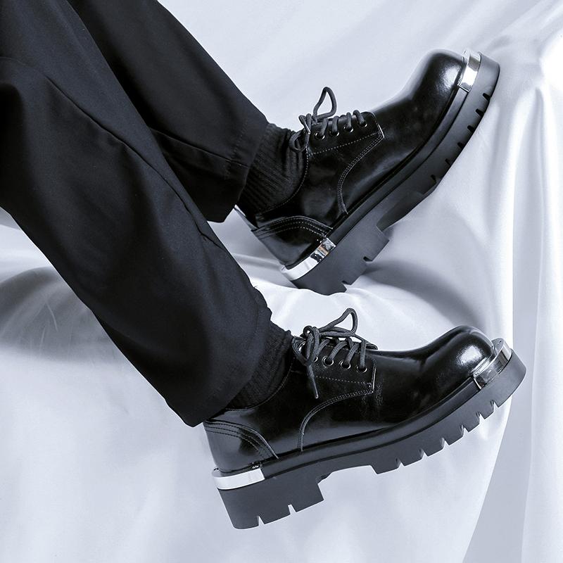 Classic Black Men's British Style Thick Soled Formal Leather Shoes Fashionable Lace Up Comfortable Business Casual Leather Shoes