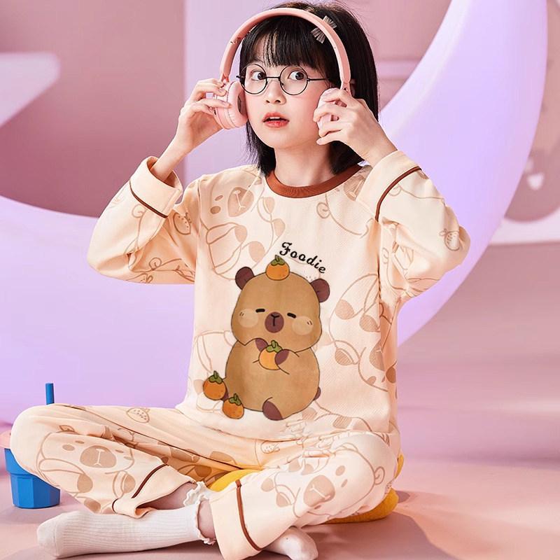 2026 Stylish Girls' Long-Sleeve Pajama Set for Spring/Fall - Cute Big Kid Sleepwear