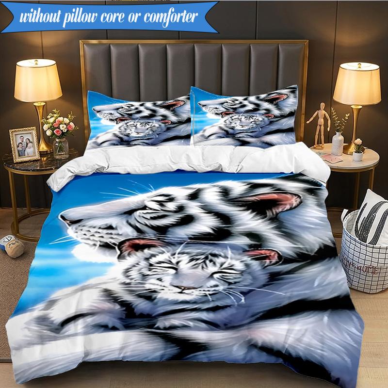 3PCS White Tiger Family Bedding Set,Including 1pc Duvet Cover And 2pcs Pillowcases Perfect for Bedroom, Dormitory, Fan Christmas gift