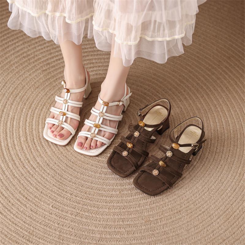 Fashion New Summer Sandals Women Shoes Square Toe Sandals for Women Fashion Retro Chunky Heel Sandals Gladiator Shoes High Heels Brown