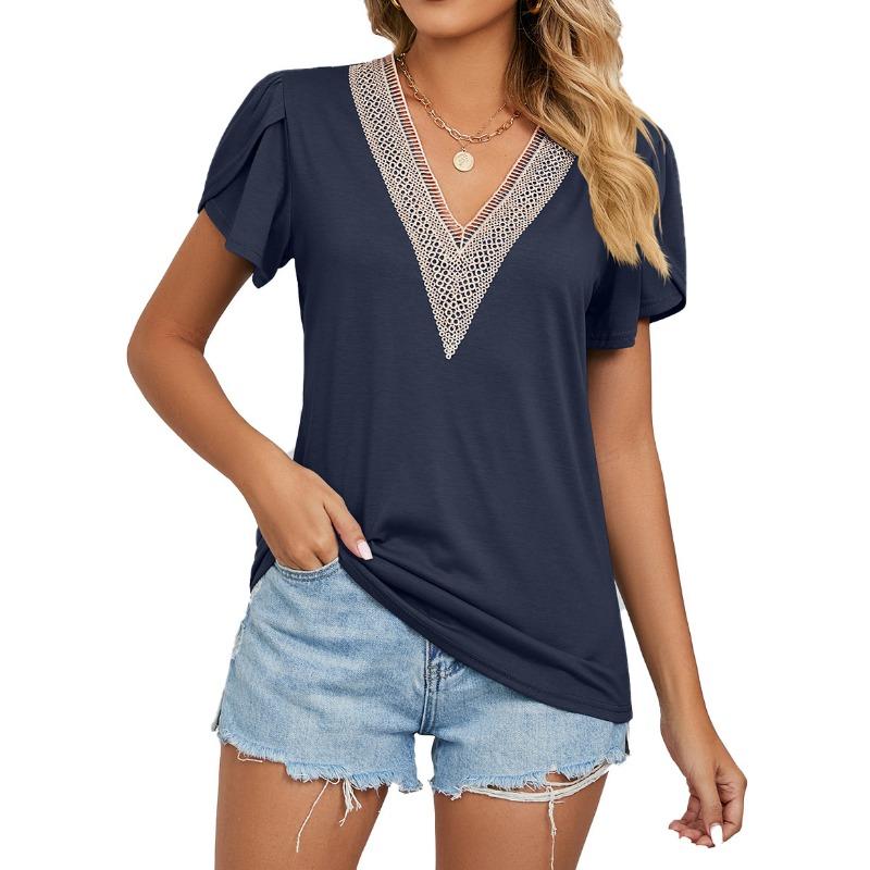 Spring Summer Gold Lace V-neck Tile Short Sleeved Solid Color T-shirt Top T-Shirts Women’s