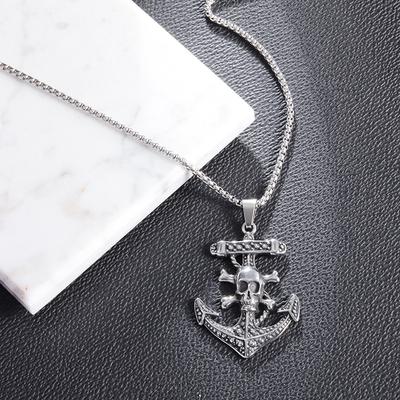 Collier tendance style punk avec ancre de bateau et motif de crâne rétro, collier à pendentif en acier inoxydable pour hommes