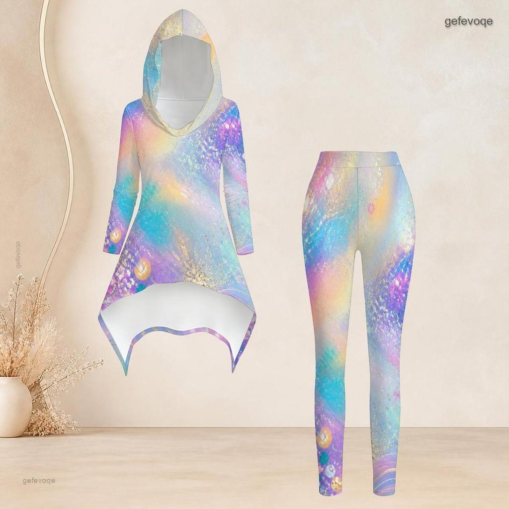 Women Plus Size Hooded Long Sleeve Two Piece Set Printed High Low Top Fitted Pants