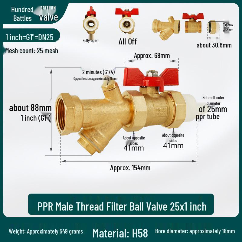 All-Copper PPR Male Thread Double Union Ball Valve for Water Pipes - Compatible with 4, 6, 20, 25, and 32 Points.