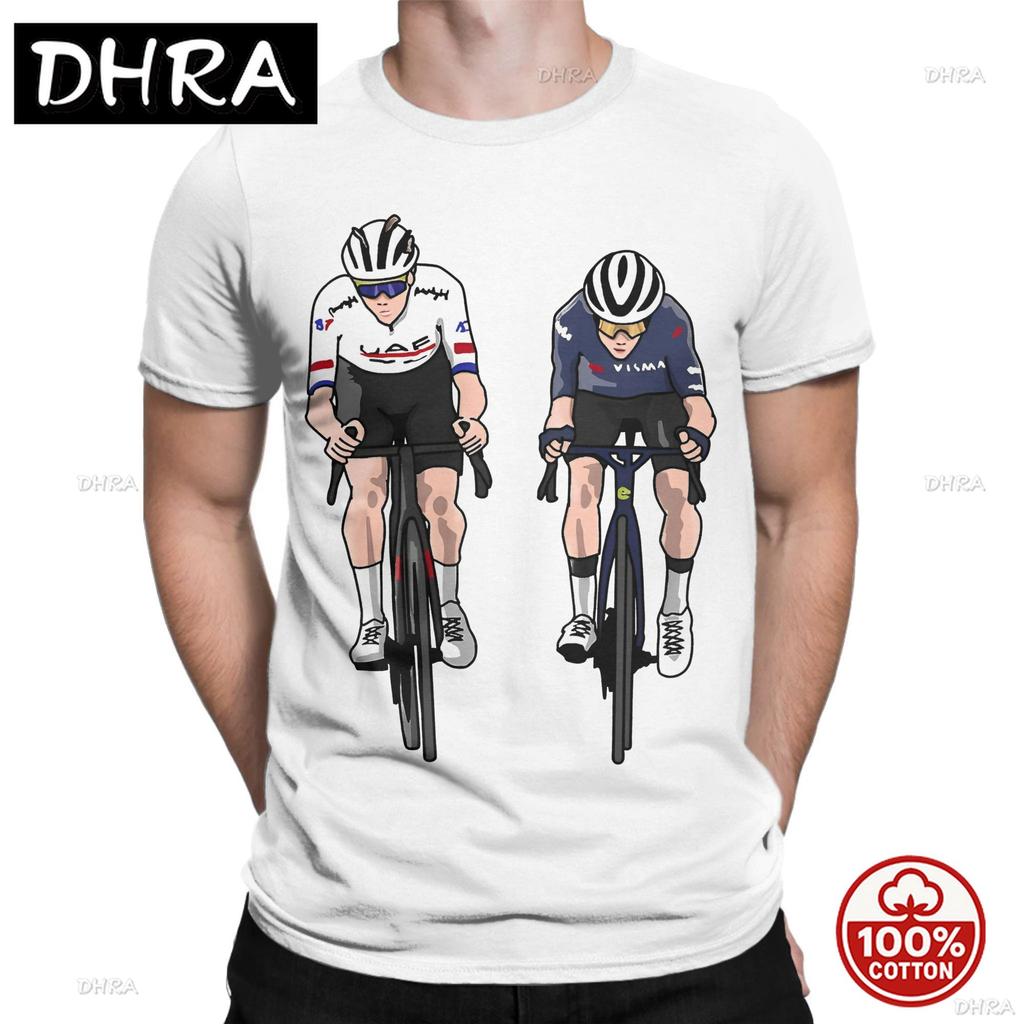 Simple Cartoon Print Unisex Tshirts Two Professional Road Bike Riders Tour De France Cycling Enthusiast Cotton Short Sleeve Top