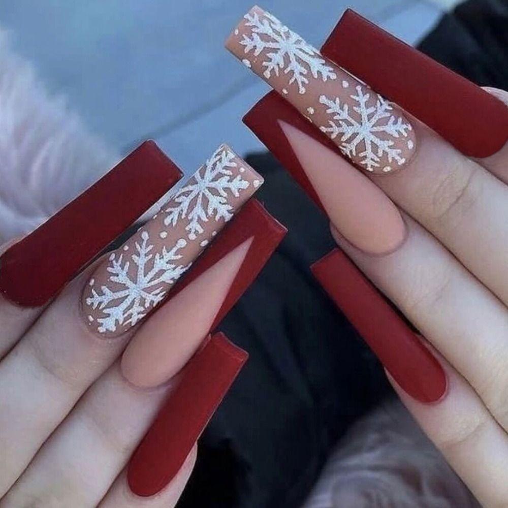 24 Stück Künstliche Nägel Weihnachts-Design – Mit Sarg, Schneeflocke, Ballerina, Glitzer, Selbstklebend