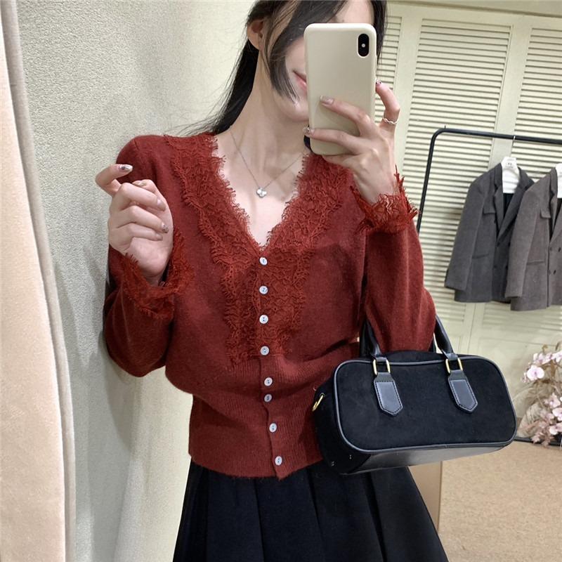 

Autumn Long Sleeve Base Cardigan Jackets Women Elegant Slim Fit V-neck Knitted Women s Sweaters Coat Winter Lace Patchwork Cardigans Sweater 25854 One Size бордовий