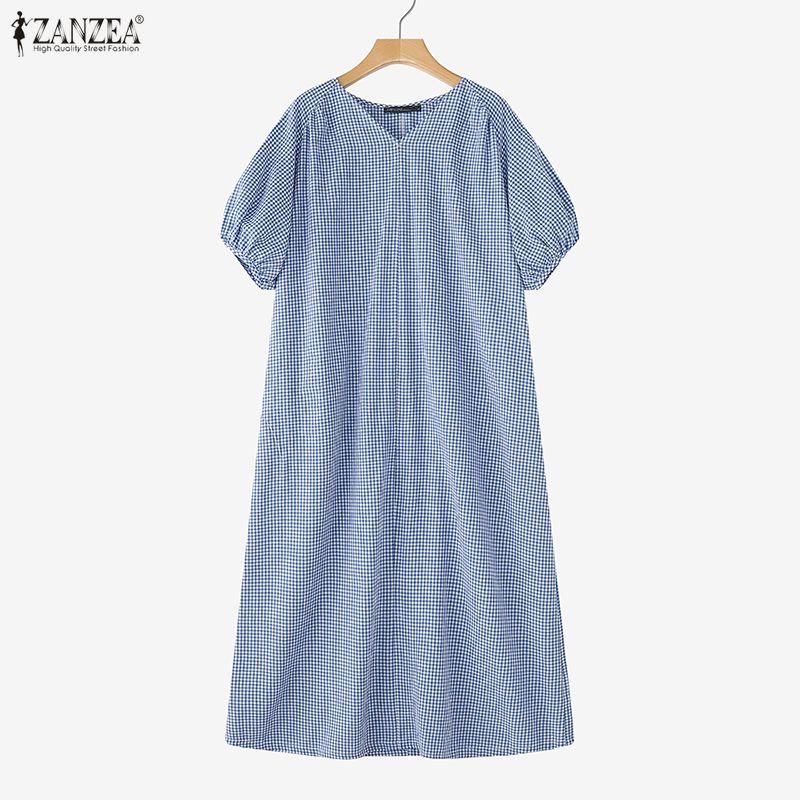 ZANZEA Women Casual V-Neck Loose Half Sleeve Grid Print Long Dress