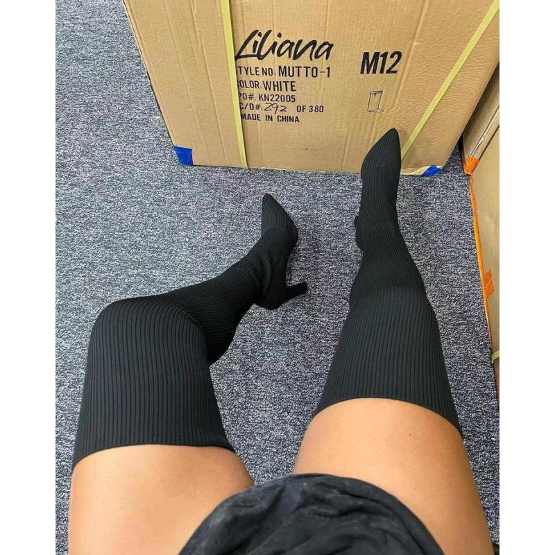 Autumn and winter pointed thick heel knitted knee boots women's European, American foreign trade large size elastic wool socks long boots