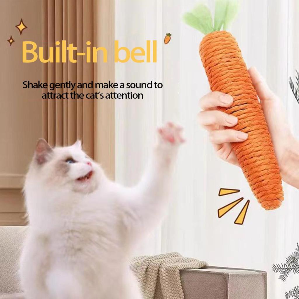 Carrot Bell Cat Teaser Stick: Kitten Self-Entertainment Toy with Scratching Board for Bite-Resistant Teething and Claws.