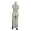 Women's Faux Linen Summer 2 Piece Outfit Sleeveless Stand Collar Top And Wide Leg Pants Matching Lounge Set with Pockets
