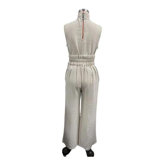 Women's Faux Linen Summer 2 Piece Outfit Sleeveless Stand Collar Top And Wide Leg Pants Matching Lounge Set with Pockets