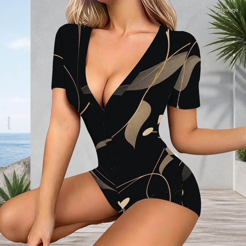 Women Plus Size Black Floral Printed V Neck Short Sleeve Button Front Romper