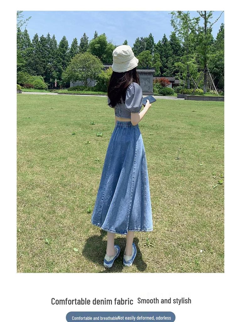 2024 High Waist Retro Denim Midi Skirt: Slimming, Fashionable, Hip-Covering Draped Design