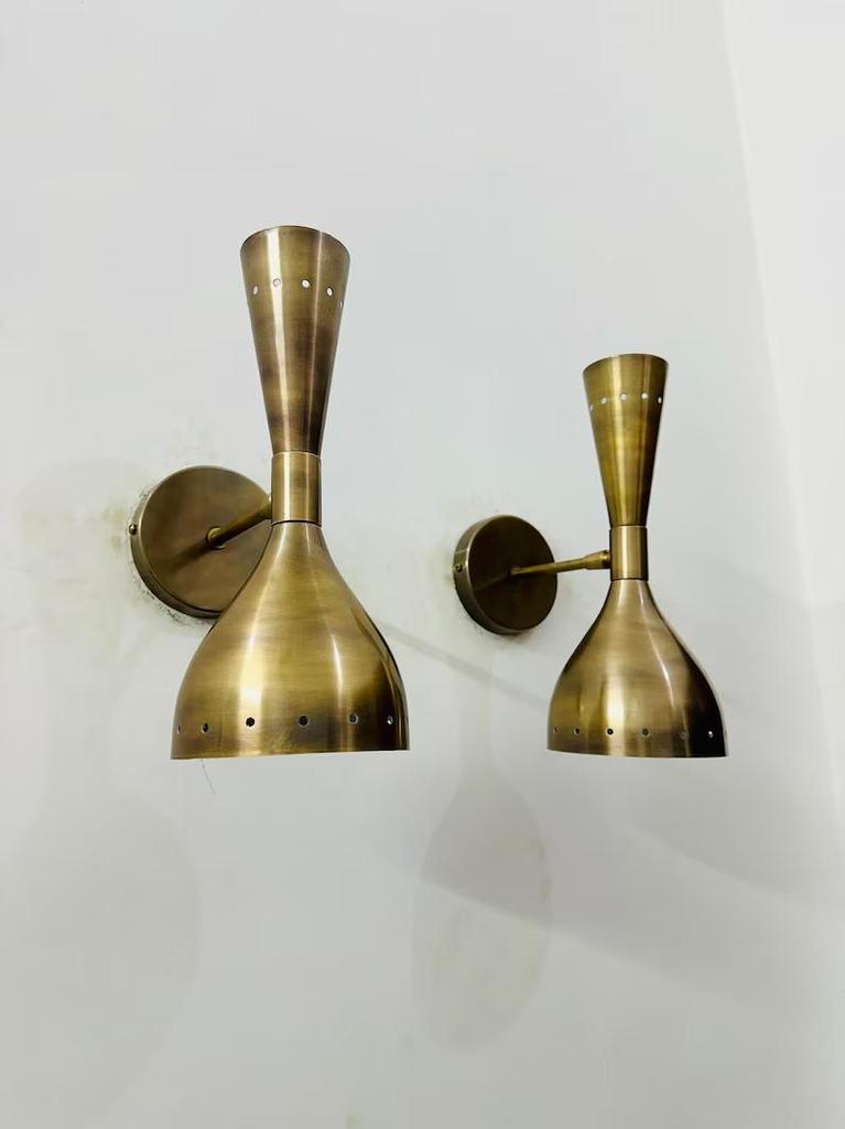 Mid Century Brass Diabolo Wall Sconce - Italian Modern Light Fixture Pair