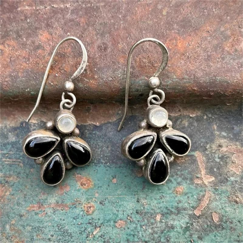 Bohemian Water Droplet Inlaid with Black Stones Earrings Vintage Silver Color Metal Dangle Earrings for Women Jewelry